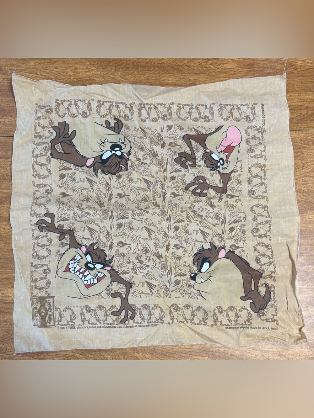 Vintage 1997 Lonney Tunes Taz Tasmanian Devil Bandaroos Bandana tan